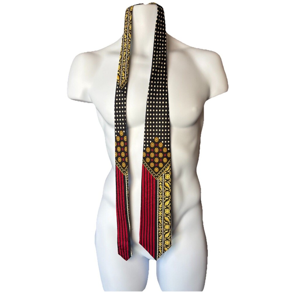 V2 By Versace Silk Tie Black Red Gold Baroque Polka Dot Vintage 1990s Designer